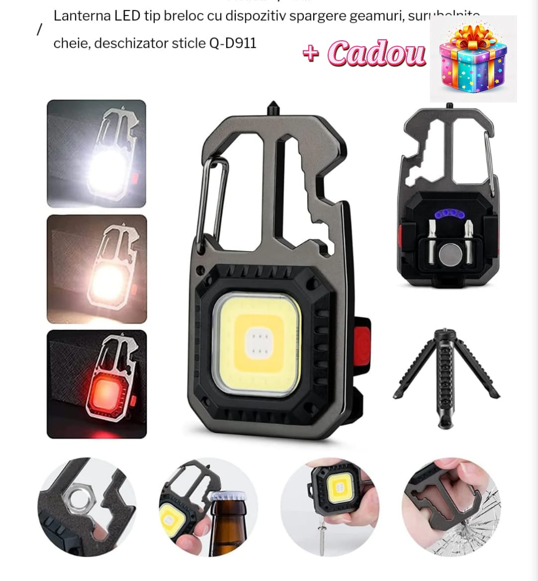 Lanterna led tip breloc cu dispozitiv de spart gemuri,surubelnita,cheii,desfacator sticle